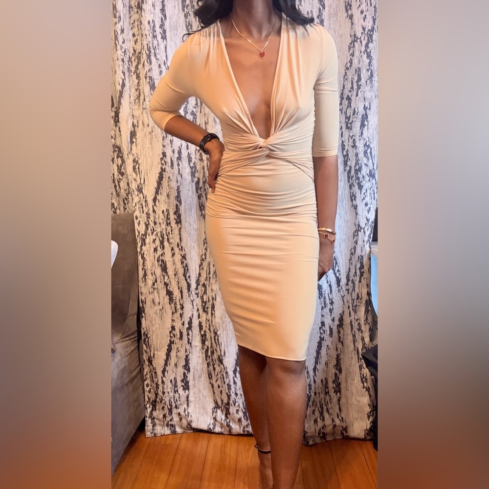 Elegant Tan Ruched Dress